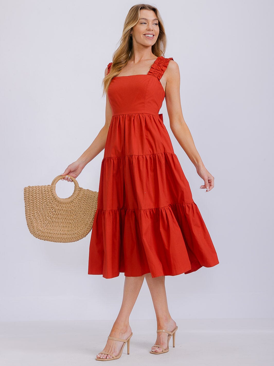 WOMEN'S SLEEVELESS SQUARE NECK SELF TIE TIERED MIDI DRESS