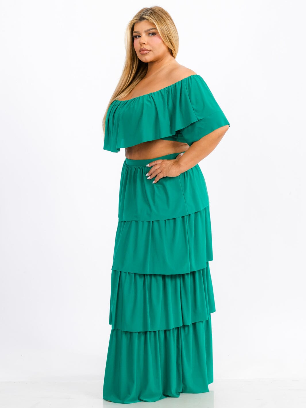 PLUS SIZE OFF SHOULDER TOP & MAXI SKIRT TIERED RUFFLE 2PC. SET