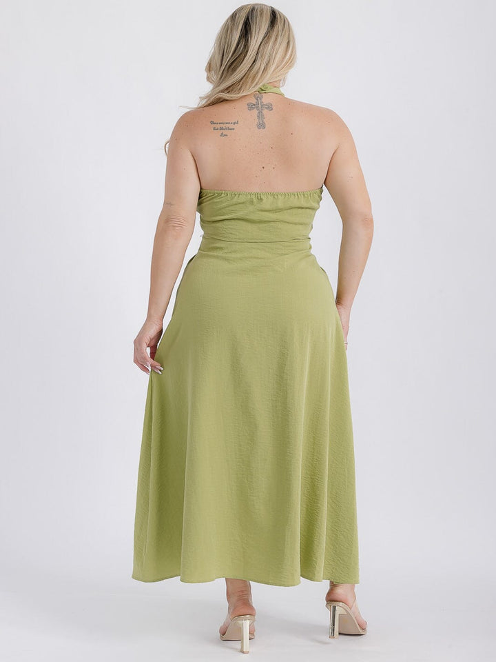 PLUS SIZE SLEEVELESS HALTER NECK OPEN BACK MAXI DRESS