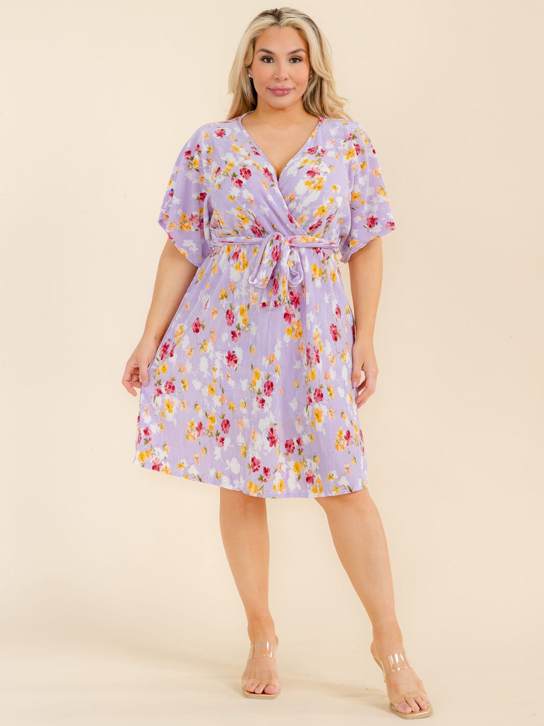 PLUS SIZE SHORT SLEEVE SURPLICE SELF TIE FLORAL MIDI DRESS