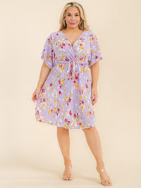 PLUS SIZE SHORT SLEEVE SURPLICE SELF TIE FLORAL MIDI DRESS