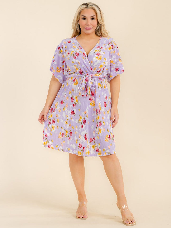PLUS SIZE SHORT SLEEVE SURPLICE SELF TIE FLORAL MIDI DRESS