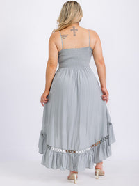 PLUS SIZE SLEEVELESS TRIM DETAILED SMOCK HIGH-LOW MAXI DRESS