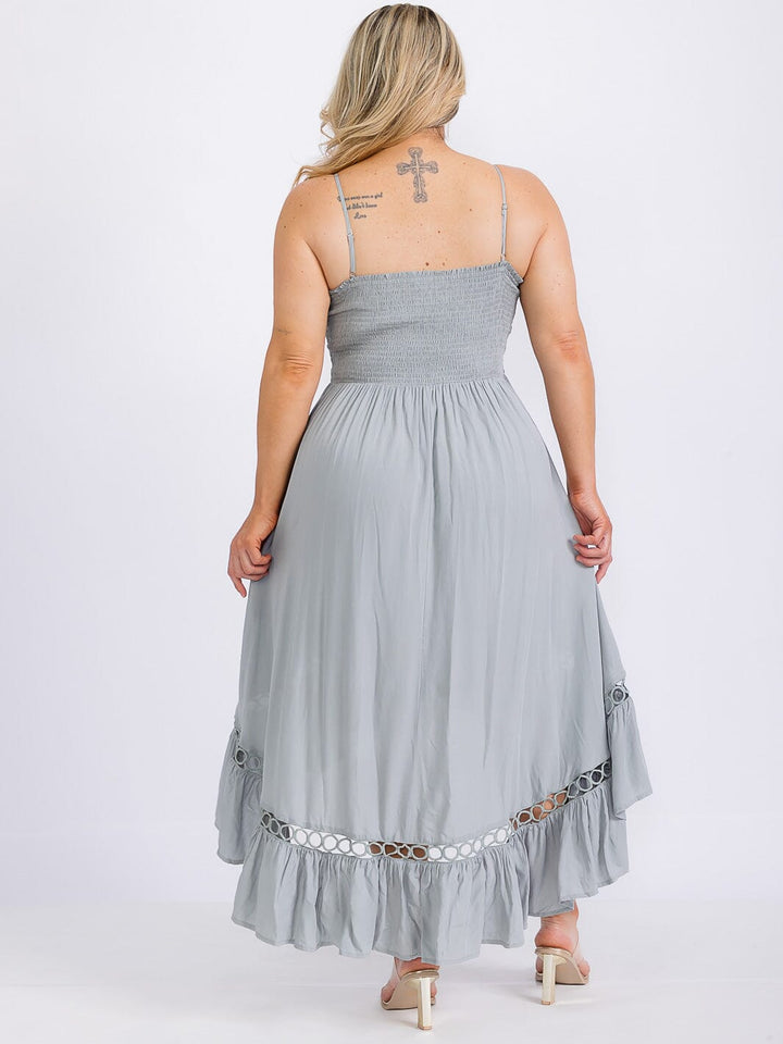 PLUS SIZE SLEEVELESS TRIM DETAILED SMOCK HIGH-LOW MAXI DRESS