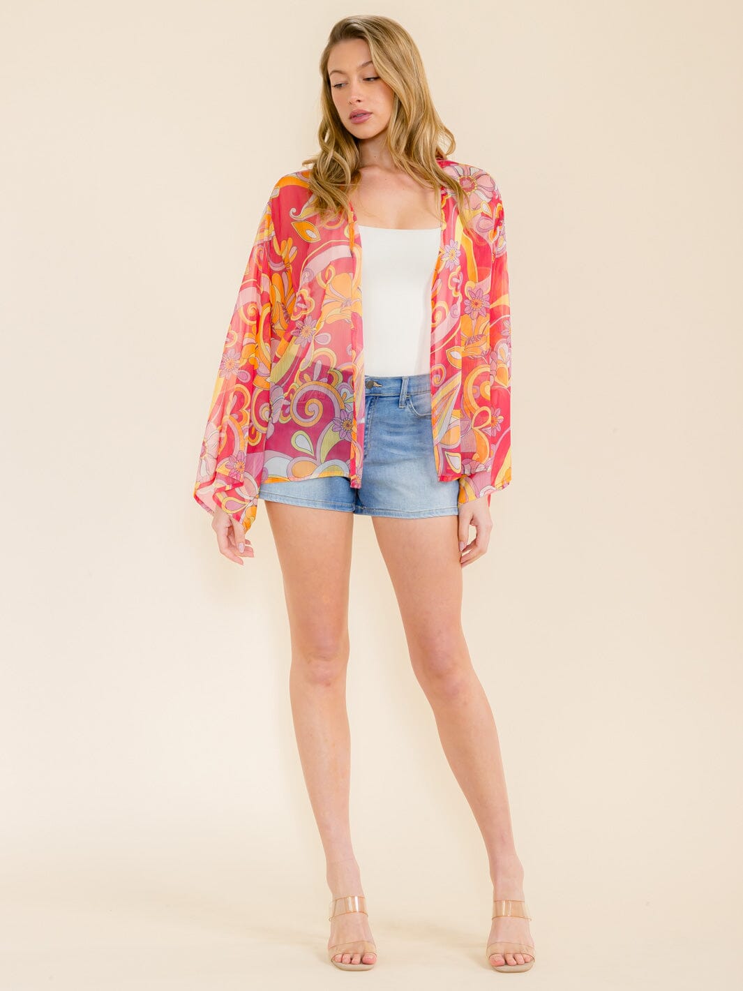 WOMEN'S LONG SLEEVE OPEN FRONT MULTI PRINT KIMONO