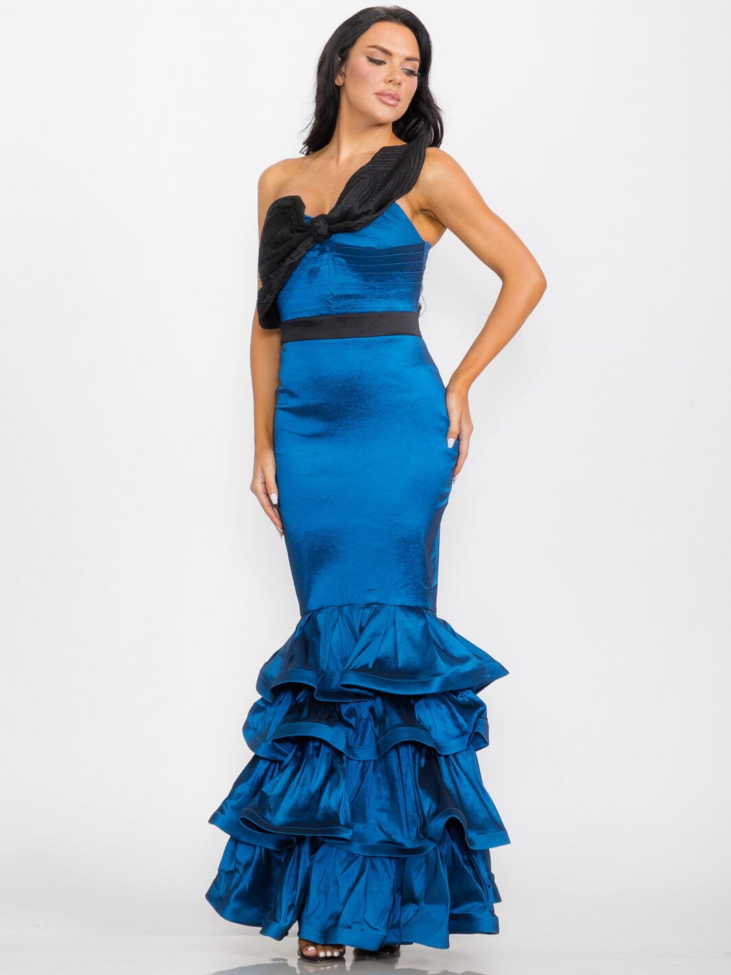 WOMEN'S ONE SHOULDER BODYCON RUFFLE BOTTOM HEM MAXI GOWN DRESS TEAL / 1S-2M-2L
