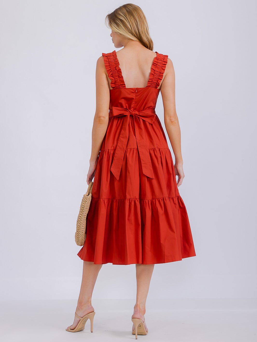 WOMEN'S SLEEVELESS SQUARE NECK SELF TIE TIERED MIDI DRESS