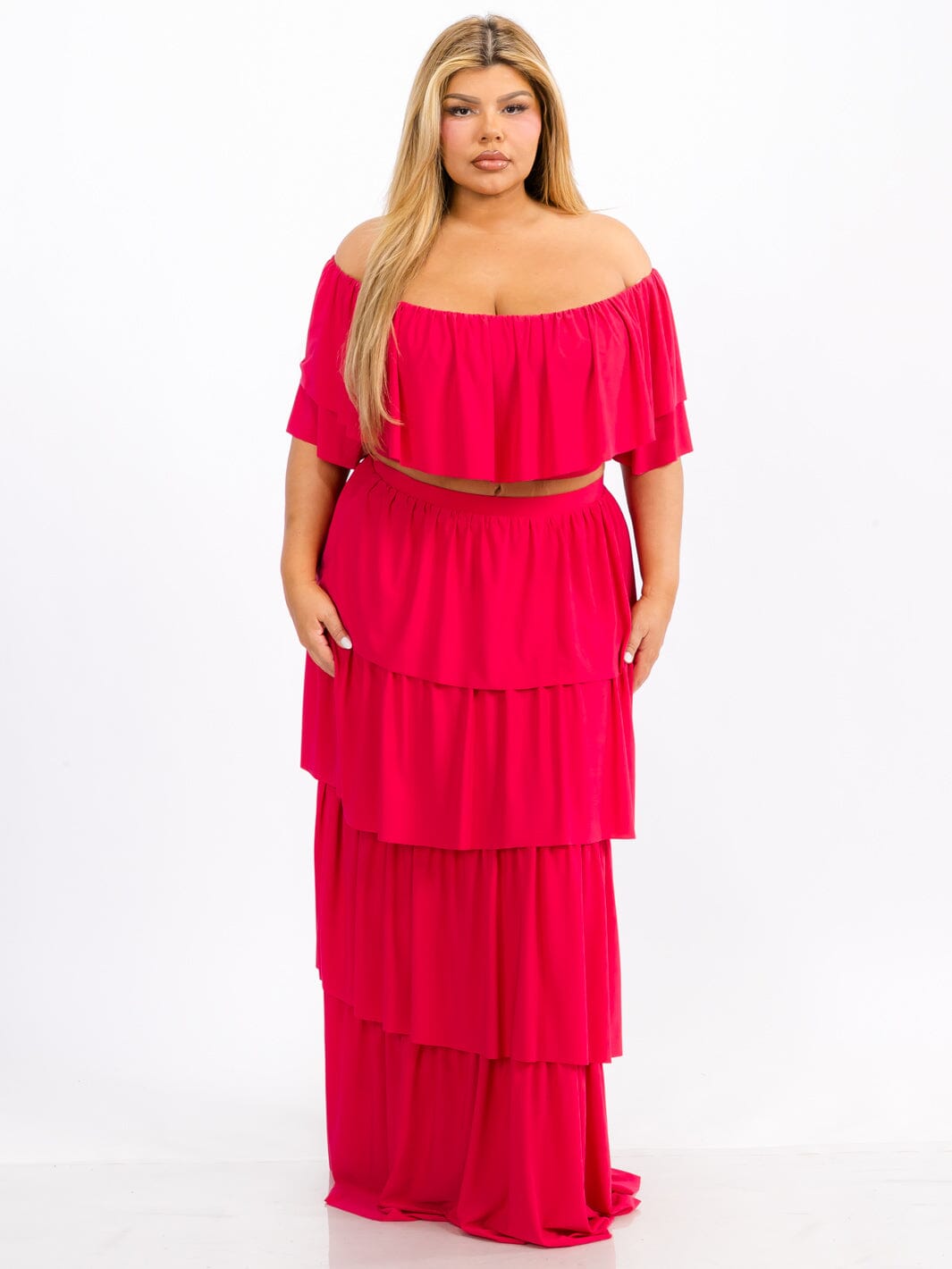 PLUS SIZE OFF SHOULDER TOP & MAXI SKIRT TIERED RUFFLE 2PC. SET