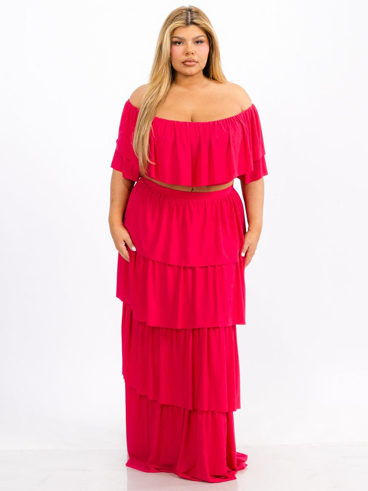PLUS SIZE OFF SHOULDER TOP & MAXI SKIRT TIERED RUFFLE 2PC. SET