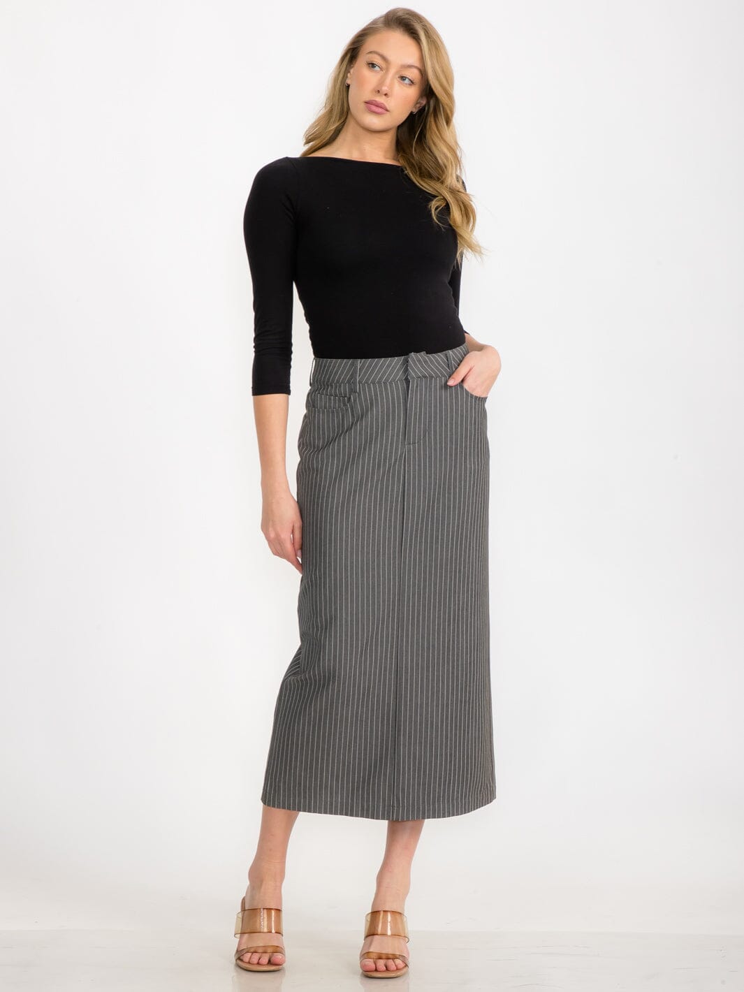 WOMEN'S BUTTON CLOSURE POCKETS STRIPES MAXI SKIRT