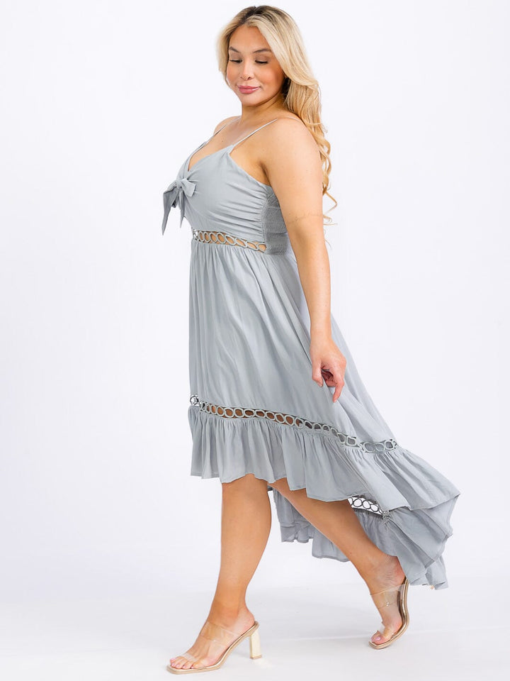 PLUS SIZE SLEEVELESS TRIM DETAILED SMOCK HIGH-LOW MAXI DRESS