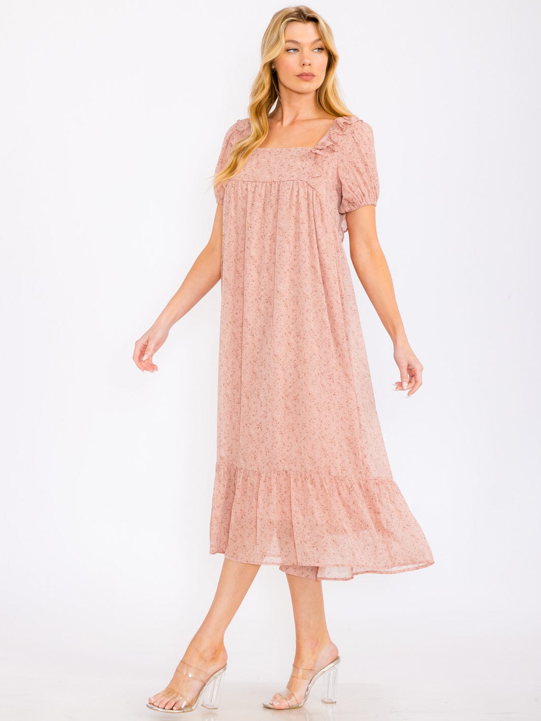 WOMEN'S SHORT PUFF SLEEVE SQUARE NECK FLORAL TIERED MAXI DRESS