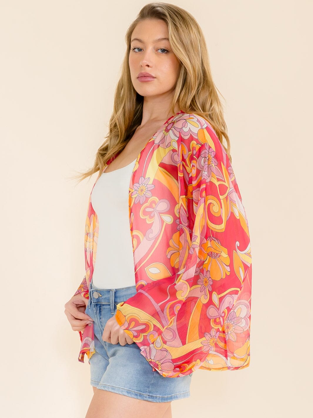 WOMEN'S LONG SLEEVE OPEN FRONT MULTI PRINT KIMONO