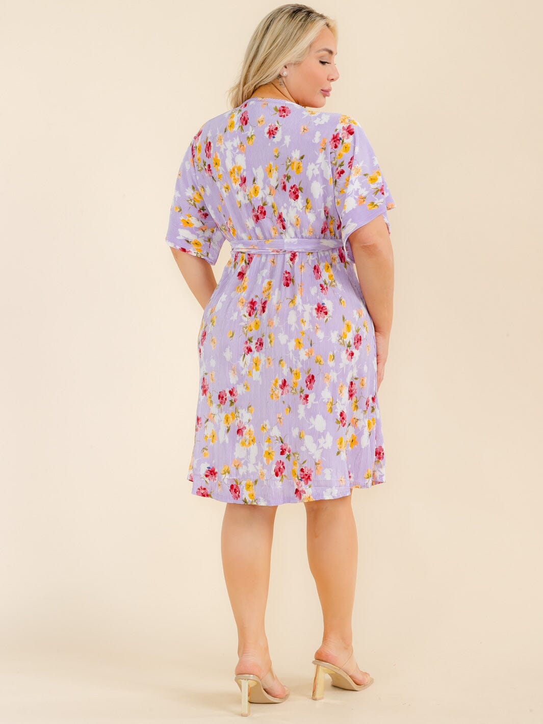 PLUS SIZE SHORT SLEEVE SURPLICE SELF TIE FLORAL MIDI DRESS