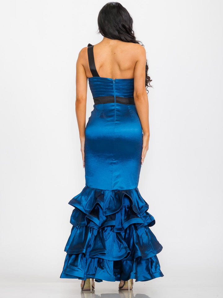 WOMEN'S ONE SHOULDER BODYCON RUFFLE BOTTOM HEM MAXI GOWN DRESS