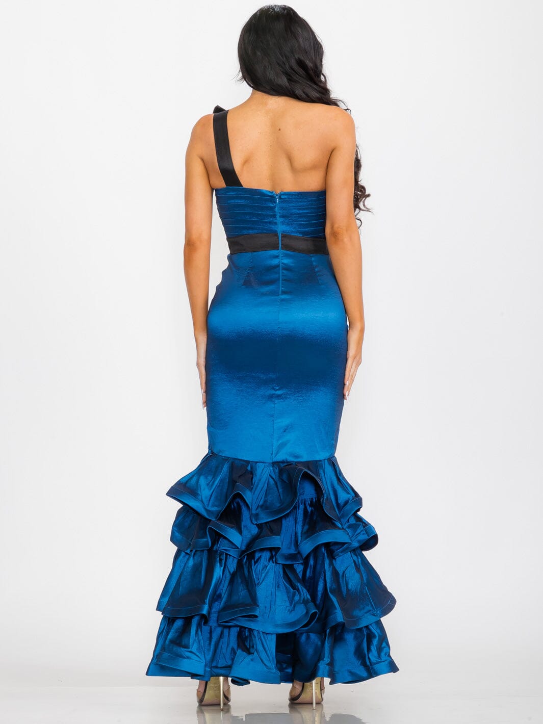 WOMEN'S ONE SHOULDER BODYCON RUFFLE BOTTOM HEM MAXI GOWN DRESS TEAL / 1S-2M-2L