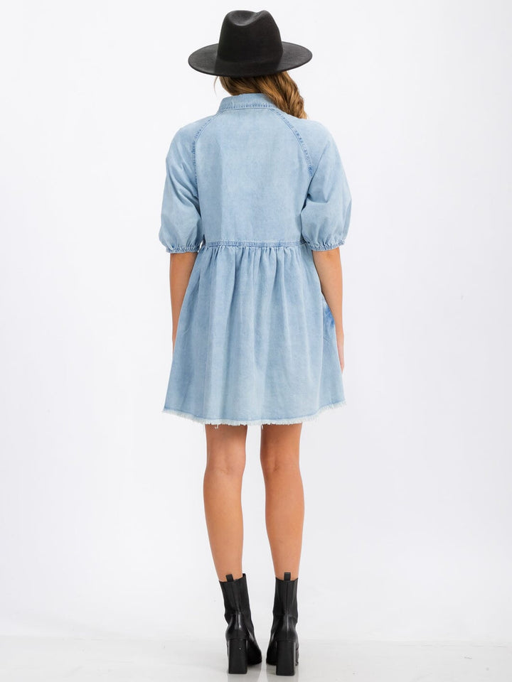 WOMEN'S SHORT SLEEVE BUTTON UP POCKETS DENIM WASHED MINI DRESS
