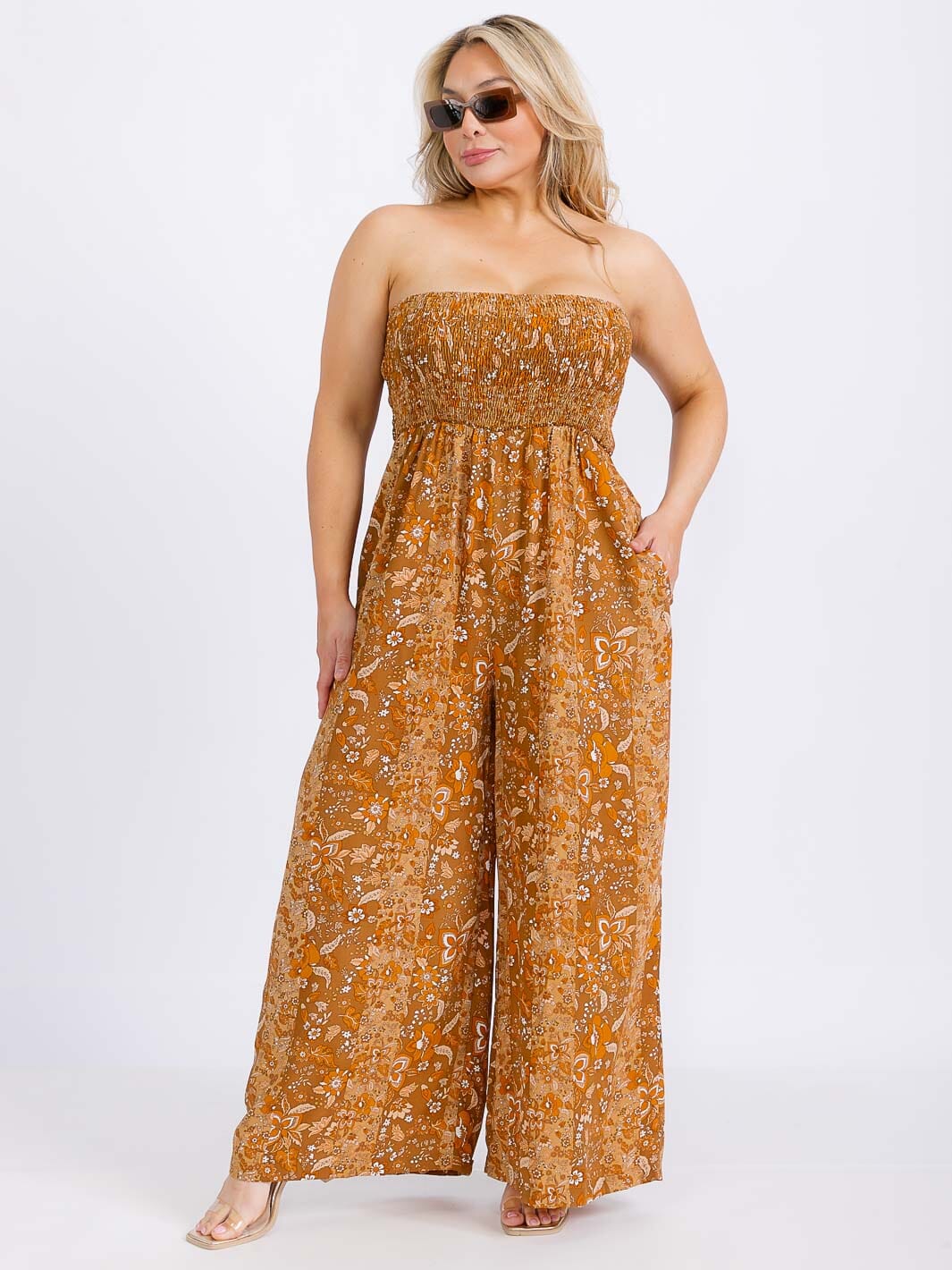 PLUS SIZE SLEEVELESS SMOCK FRONT POCKETS WIDE LEG FLORAL JUMPSUIT