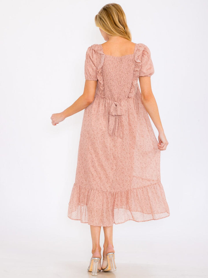 WOMEN'S SHORT PUFF SLEEVE SQUARE NECK FLORAL TIERED MAXI DRESS