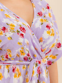PLUS SIZE SHORT SLEEVE SURPLICE SELF TIE FLORAL MIDI DRESS