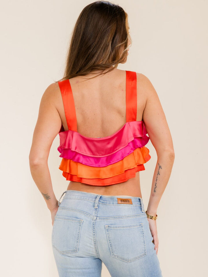 WOMEN'S SLEEVELESS RUFFLE TIERED COLORBLOCK CROP TOP