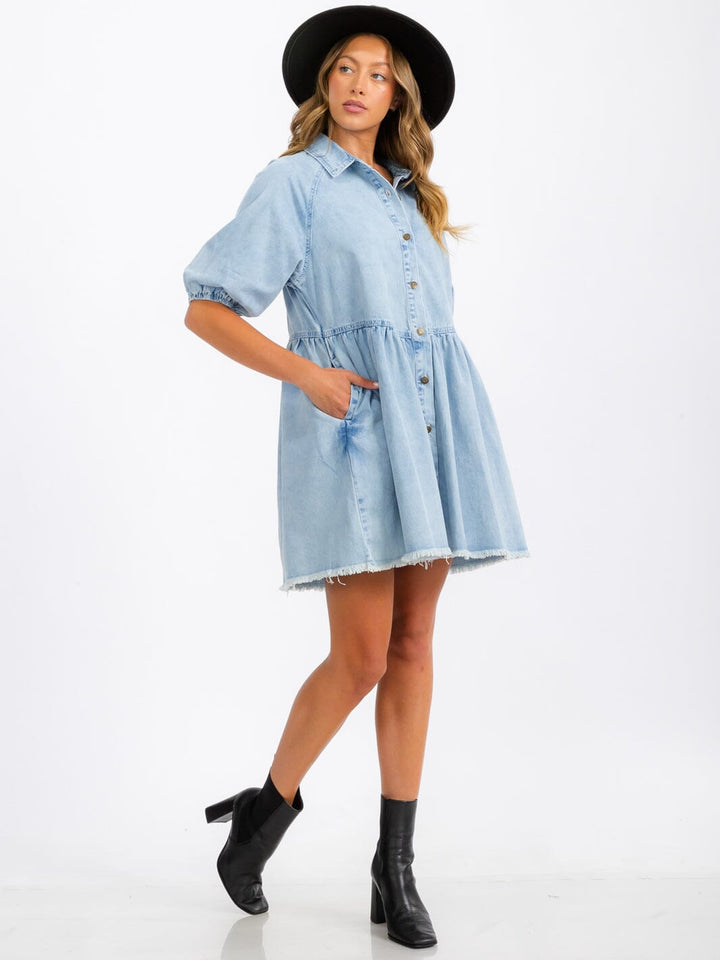WOMEN'S SHORT SLEEVE BUTTON UP POCKETS DENIM WASHED MINI DRESS