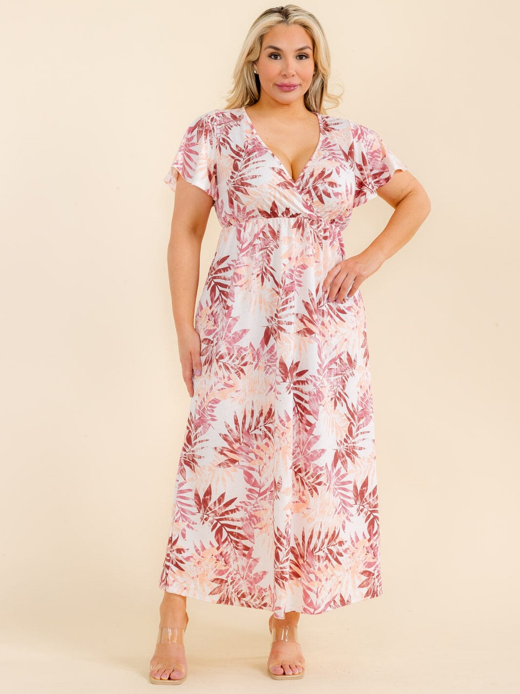 PLUS SIZE SHORT SLEEVE SURPLICE LEAFPRINT MAXI DRESS