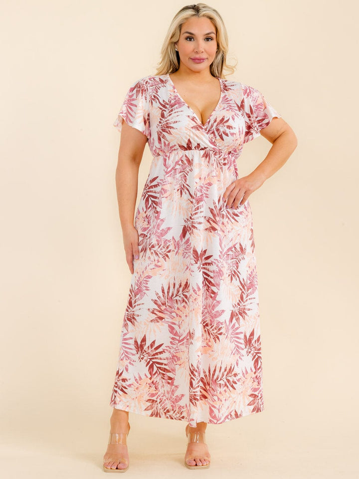 PLUS SIZE SHORT SLEEVE SURPLICE LEAFPRINT MAXI DRESS