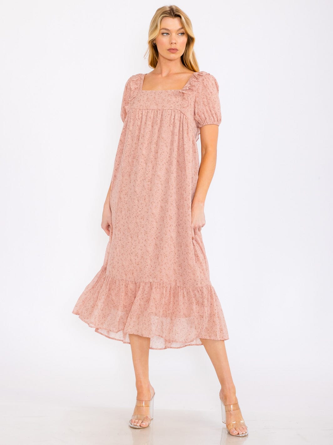 WOMEN'S SHORT PUFF SLEEVE SQUARE NECK FLORAL TIERED MAXI DRESS
