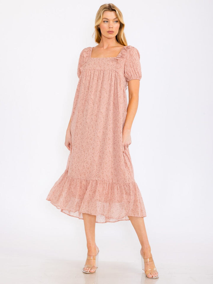 WOMEN'S SHORT PUFF SLEEVE SQUARE NECK FLORAL TIERED MAXI DRESS
