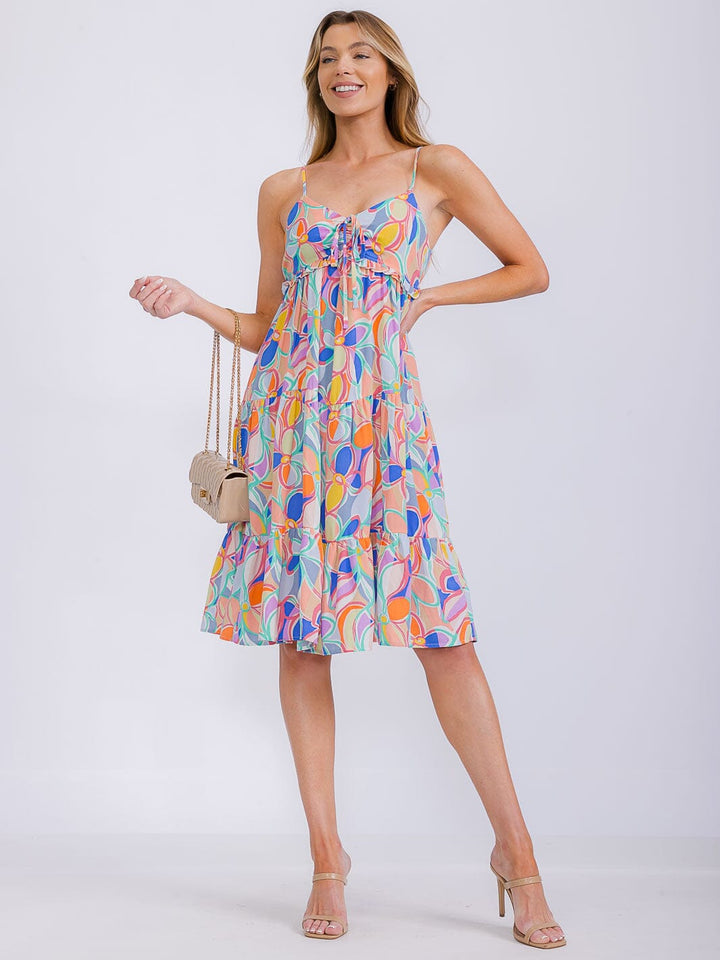 WOMEN'S SLEEVELESS MULTI PRINT TIERED MIDI DRESS