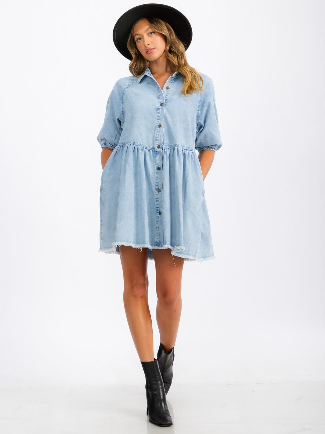 WOMEN'S SHORT SLEEVE BUTTON UP POCKETS DENIM WASHED MINI DRESS