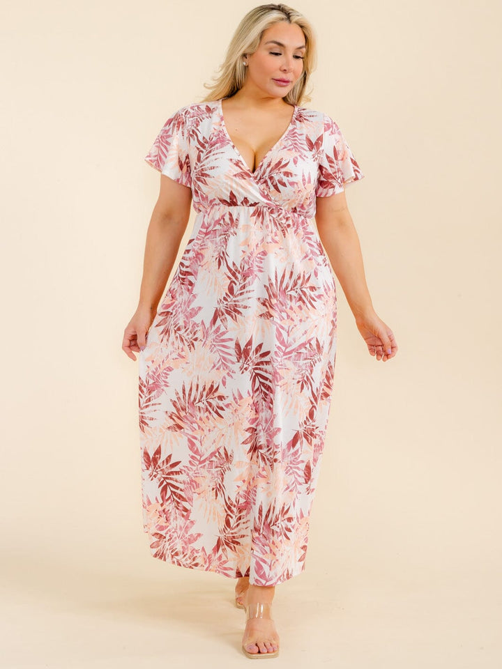 PLUS SIZE SHORT SLEEVE SURPLICE LEAFPRINT MAXI DRESS