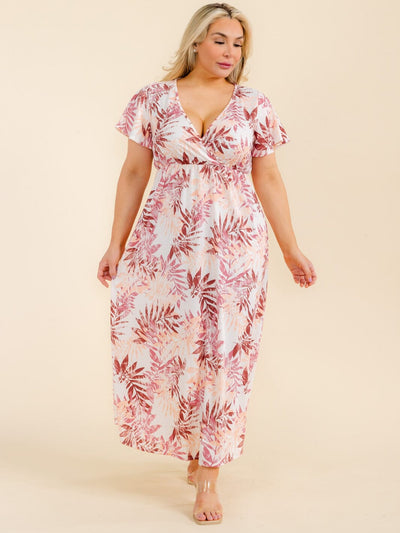 PLUS SIZE SHORT SLEEVE SURPLICE LEAFPRINT MAXI DRESS