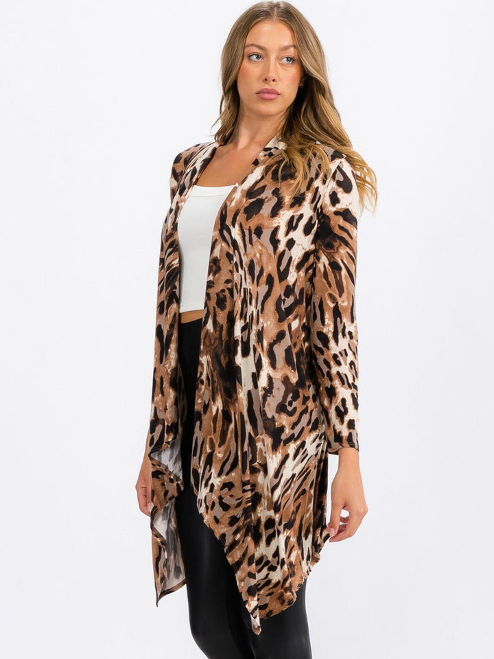 WOMEN'S LONG SLEEVE OPEN FRONT ELBOW PATCH ANIMAL PRINT CARDIGAN