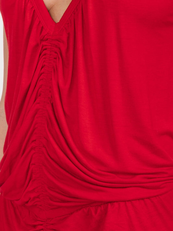 WOMEN'S SLEEVELESS V-NECK FRONT RUCHED BODYCON MIDI DRESS