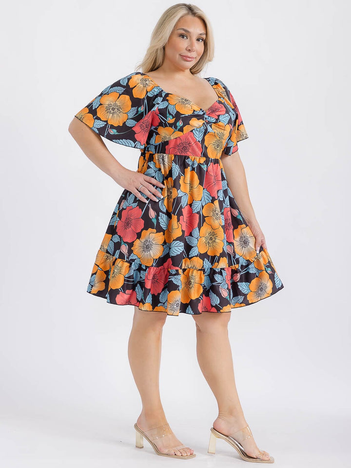 PLUS SIZE SHORT PUFF SLEEVE ELASTIC WAIST FIT & FLARE FLORAL MIDI DRESS
