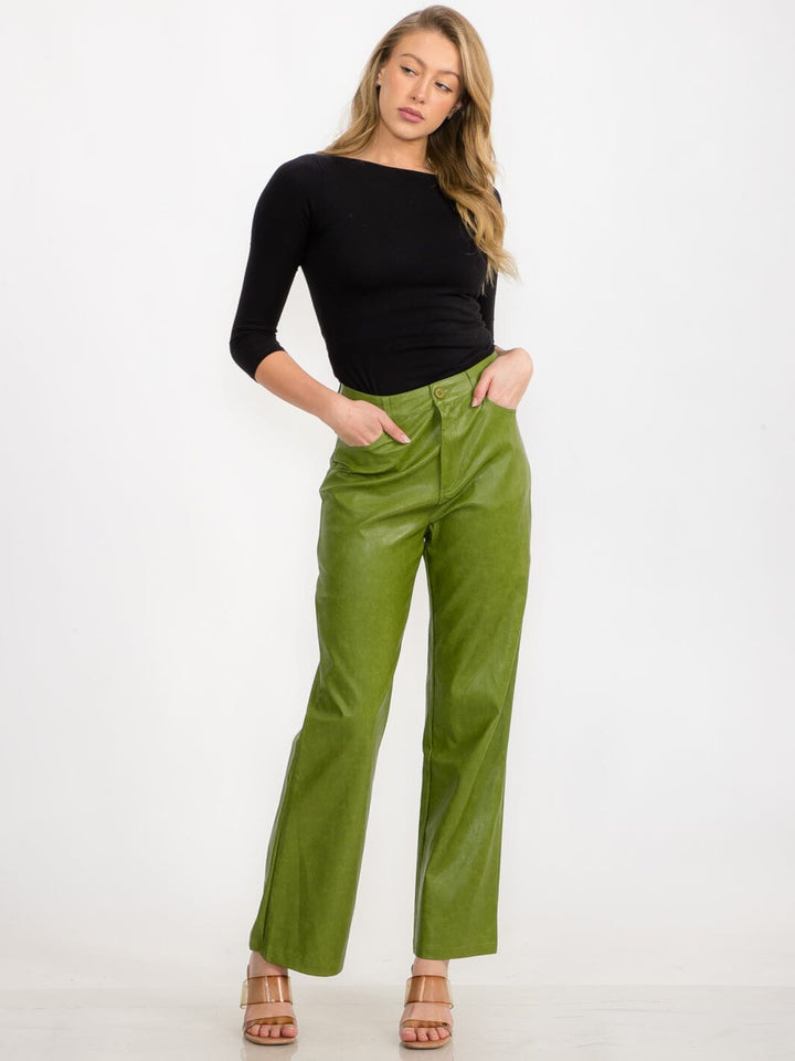 WOMEN'S BUTTON CLOSURE POCKETS PU PLEATHER PANTS