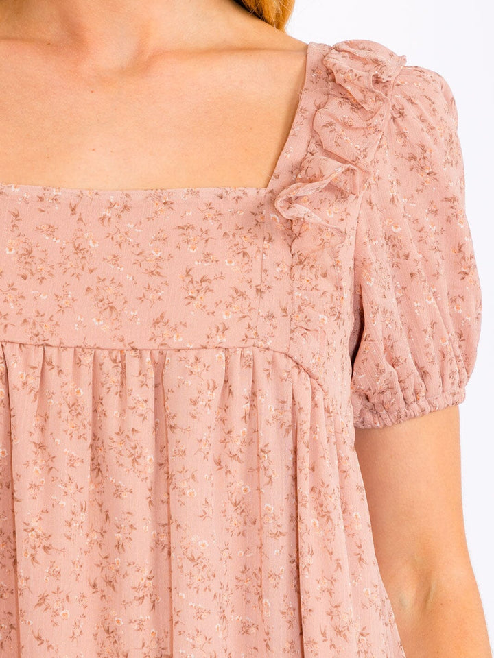 WOMEN'S SHORT PUFF SLEEVE SQUARE NECK FLORAL TIERED MAXI DRESS