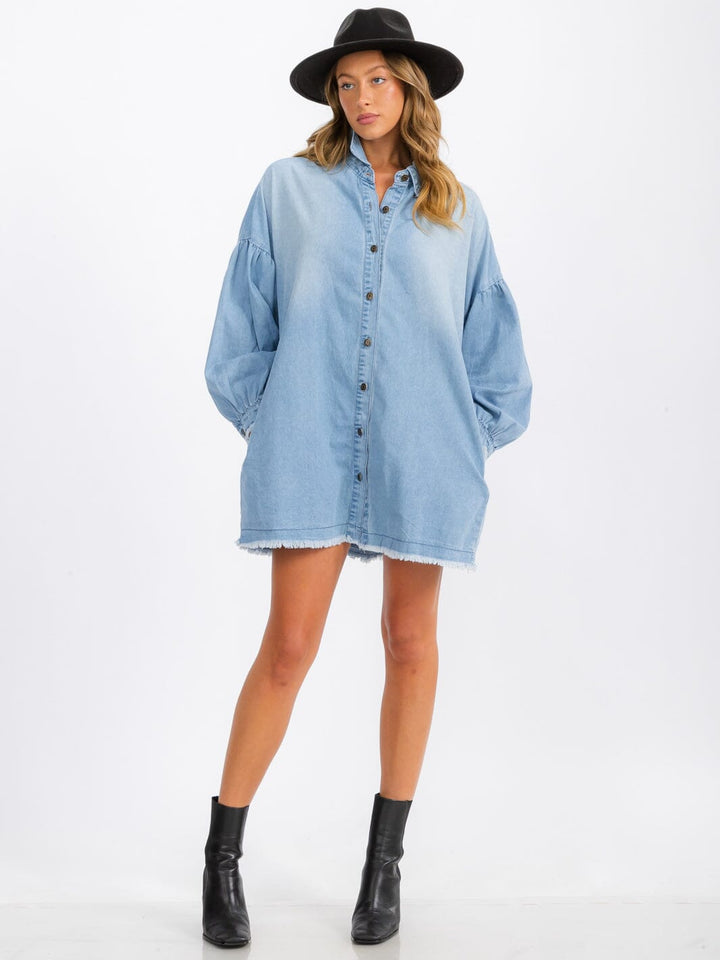 WOMEN'S LONG SLEEVE BUTTON UP POCKETS DENIM WASHED MINI DRESS
