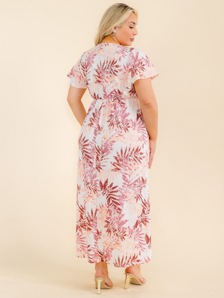 PLUS SIZE SHORT SLEEVE SURPLICE LEAFPRINT MAXI DRESS