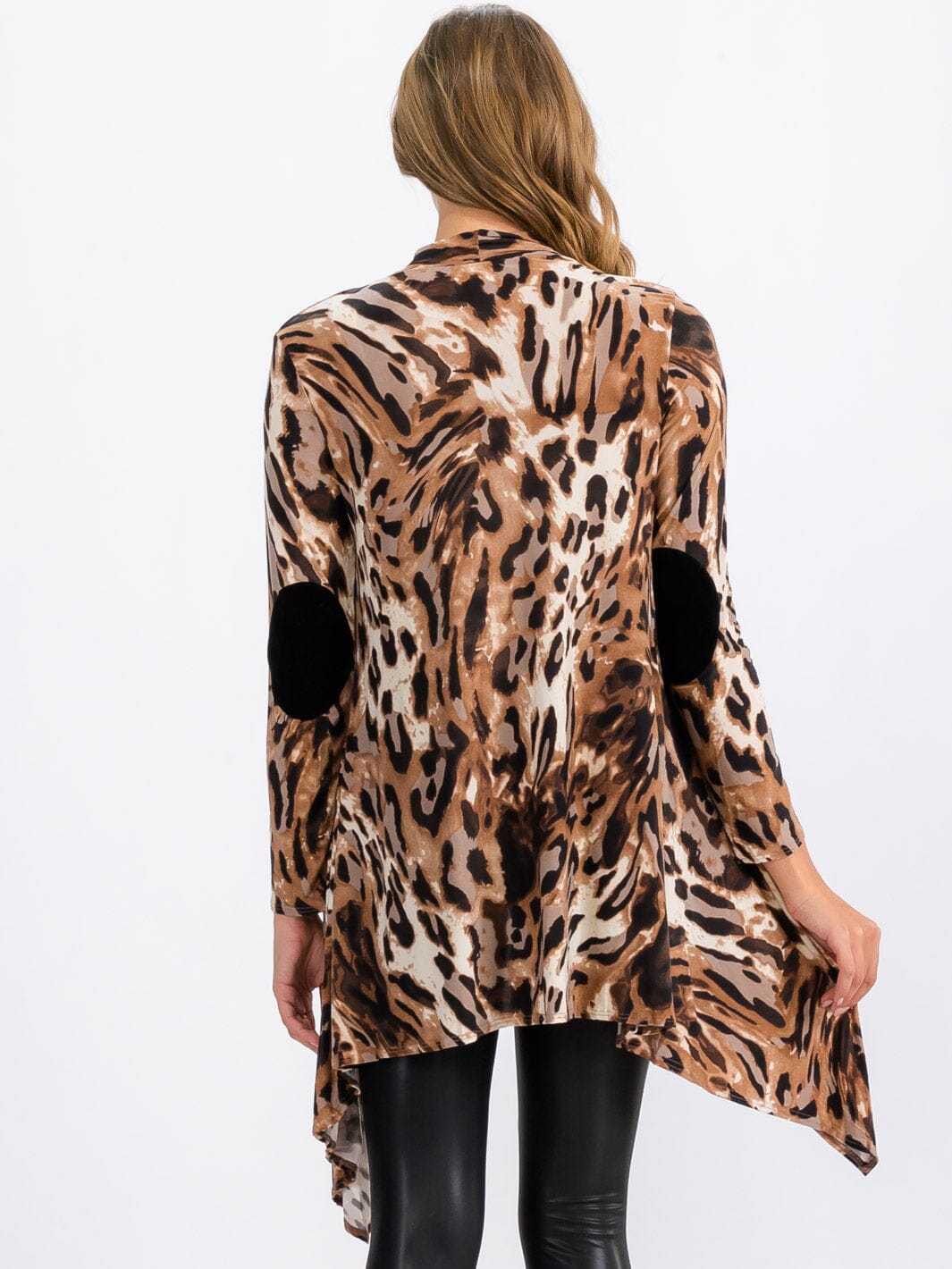 WOMEN'S LONG SLEEVE OPEN FRONT ELBOW PATCH ANIMAL PRINT CARDIGAN