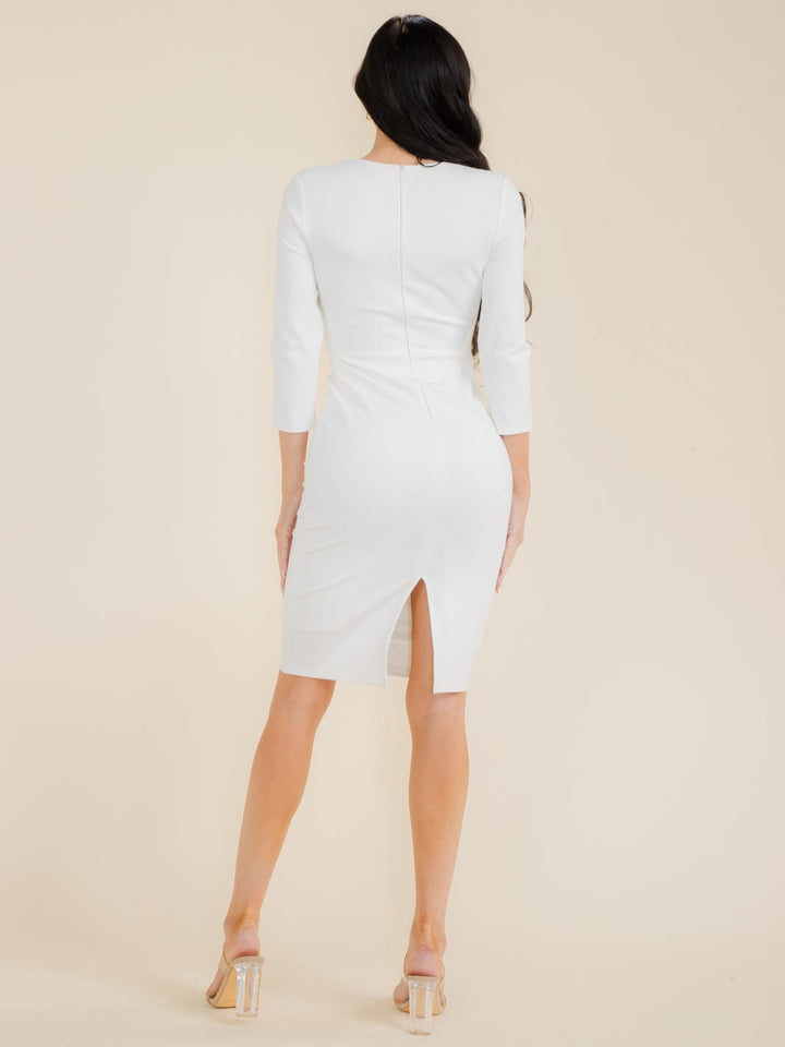 WOMEN'S 3/4 SLEEVES V-NECK BODYCON MIDI DRESS