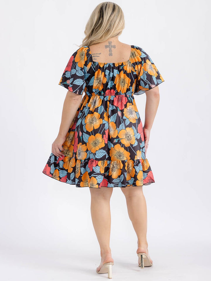 PLUS SIZE SHORT PUFF SLEEVE ELASTIC WAIST FIT & FLARE FLORAL MIDI DRESS