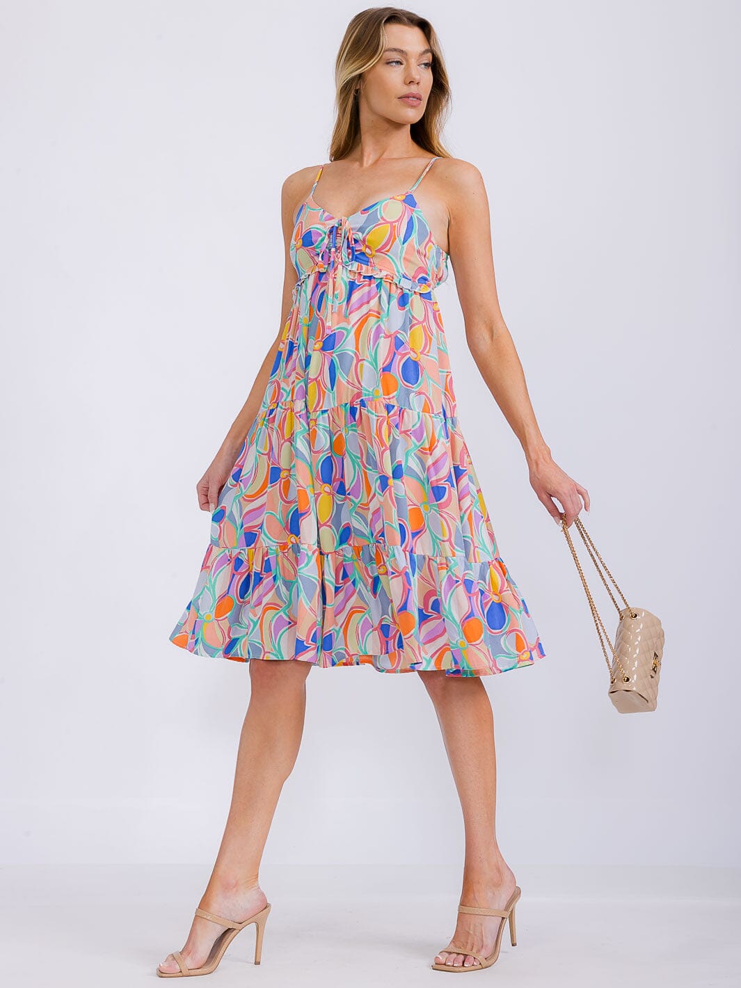 WOMEN'S SLEEVELESS MULTI PRINT TIERED MIDI DRESS