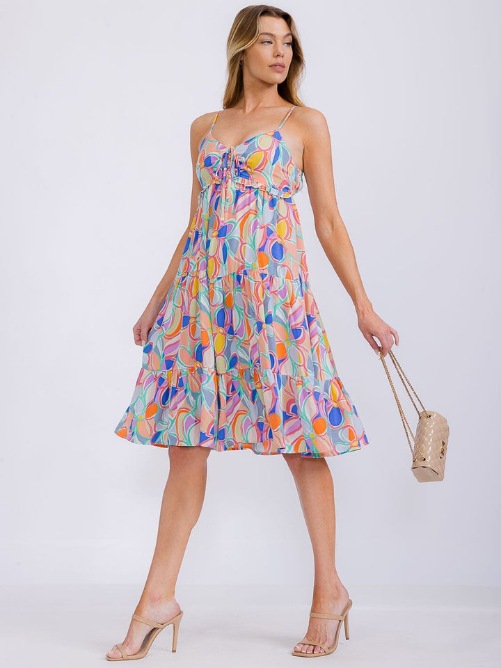 WOMEN'S SLEEVELESS MULTI PRINT TIERED MIDI DRESS