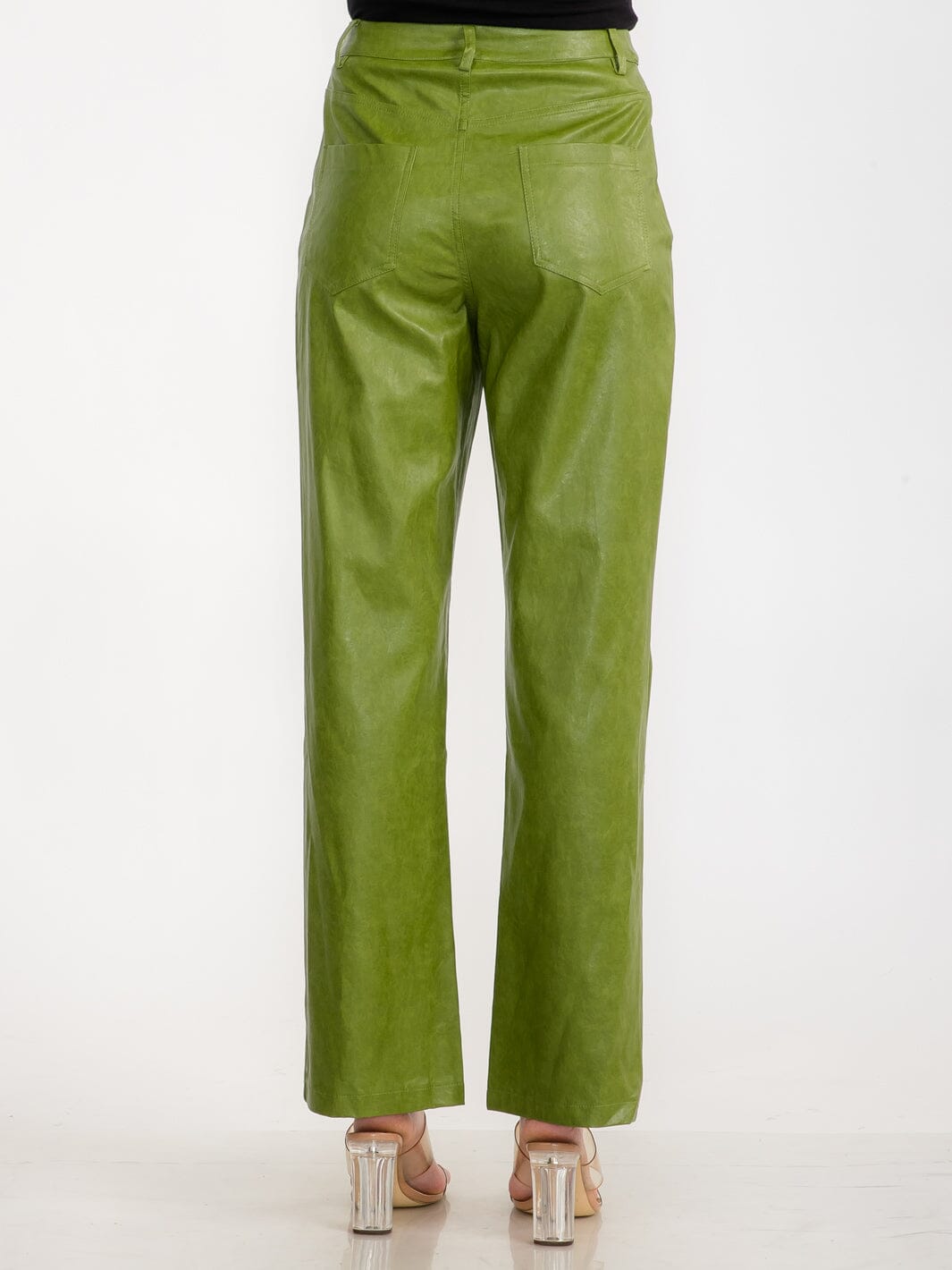 WOMEN'S BUTTON CLOSURE POCKETS PU PLEATHER PANTS