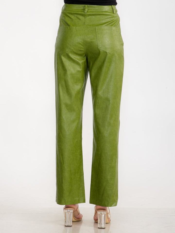 WOMEN'S BUTTON CLOSURE POCKETS PU PLEATHER PANTS