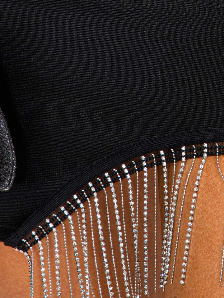 WOMEN'S LONG SLEEVE CROP TOP & ZIP UP MINI FRINGE SKIRT BANDAGE 2PC.SET