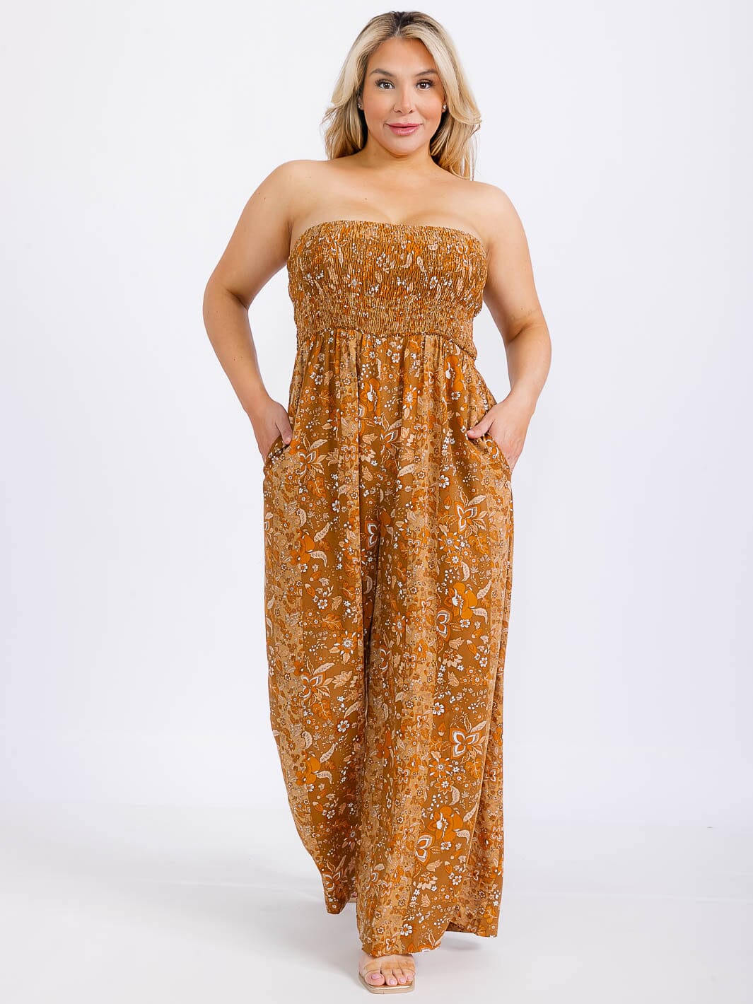 PLUS SIZE SLEEVELESS SMOCK FRONT POCKETS WIDE LEG FLORAL JUMPSUIT